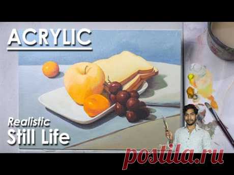 Fruits and Bread - Realistic Still Life in Acrylic | step by step Painting