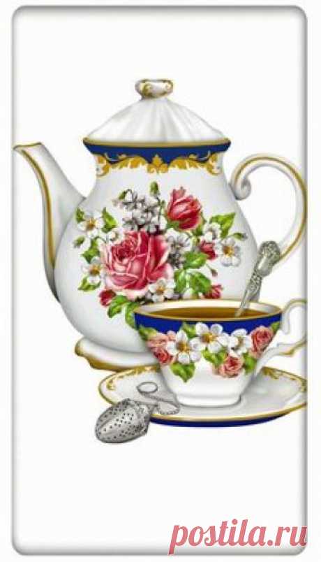 Floral Victorian Teapot Teacup Set 100% Cotton Flour Sack Dish Towel Tea Towel - 30" x 30" by Designer Mary Lake Thompson