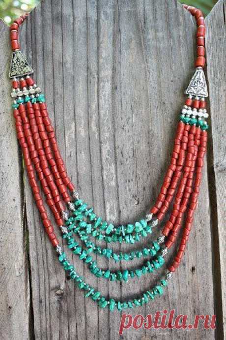 Vintage inspired Bohemian Stunning Native style bib necklace with Red corals and…