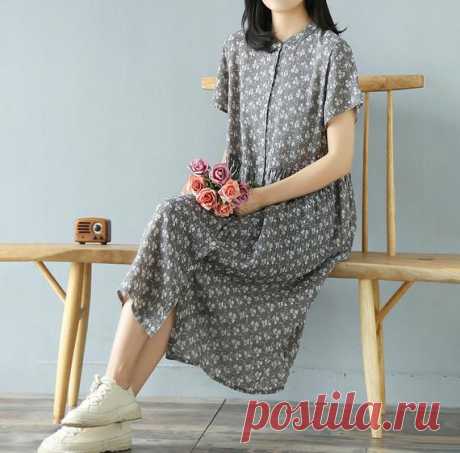 Women Floral Dresses, Loose summer dress, Short sleeve dress, midi Shirt dress, Single breasted gown 【Fabric】 Linen, cotton 【Color】  brown, gray 【Size】 Shoulder 42cm / 16  Sleeve length 19cm /7.4  Bust 110cm / 42  Big arm circumference 44cm / 17  Skirt length 105cm / 41    Have any questions please contact me and I will be happy to help you.