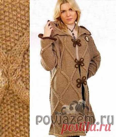 Вязаное пальто в коричневых тонах, описание и схема по ссылке:      https://povjazem.ru/vyazanie-dlya-zhenshchin/palto-kardigan-zhaket/vyazanoe-palto