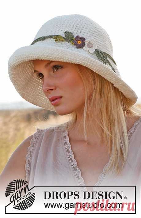 Crochet DROPS hat in 2 threads &quot;Bomull Lin&quot; or 2 threads &quot;Paris&quot;. ~ DROPS Design