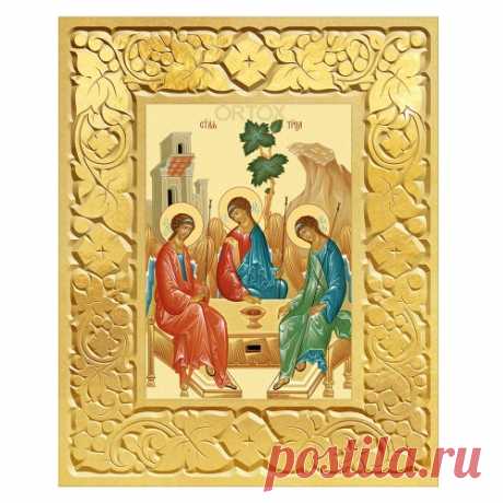 Купить икона пресвятой троицы в резной позолоченной рамке, поталь, ширина рамки 12 см
