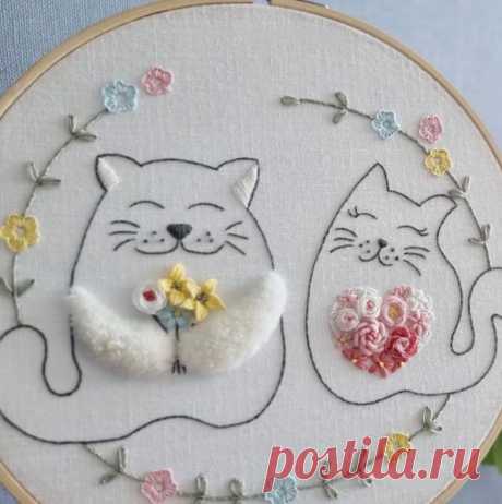 Милая вышивка декоративными швами: кошки, цветы и сердечки | Креаликум