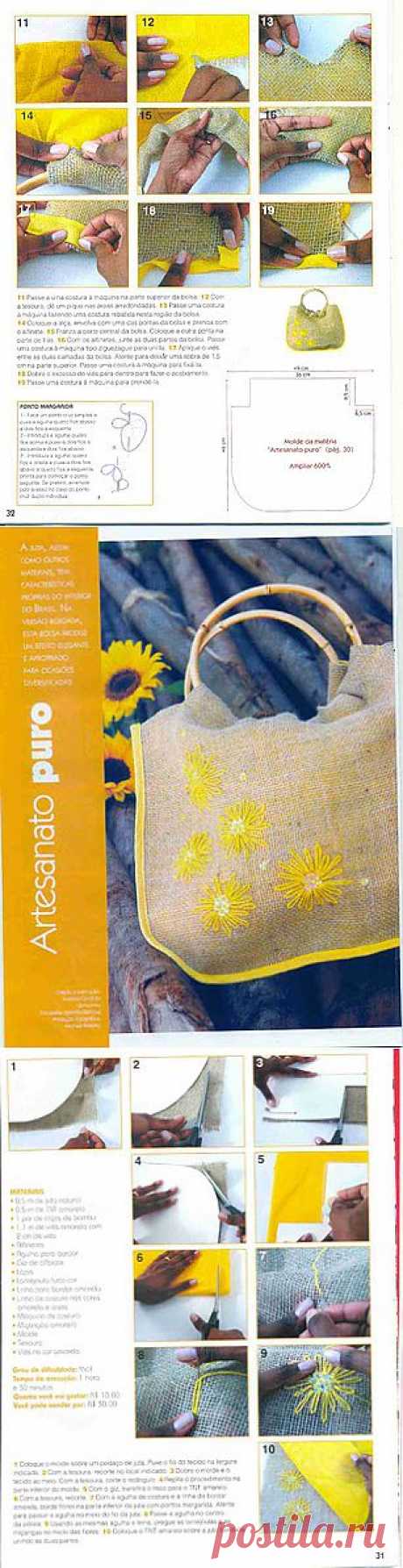 Tita Carré - Agulha e Tricot : Bolsa de tecido com bordado amarela