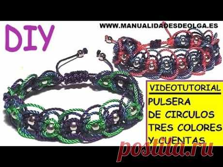 COMO HACER PULSERA DE HILO Y CUENTAS DE TRES COLORES CON TECNICA DE MACRAME CIRCULOS. TUTORIAL DIY