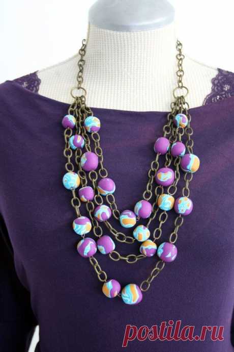 Multi Strand Statement Necklace, Chunky Jewelry, Polymer clay necklace, Jewel Tone, Fall Fashion Necklace