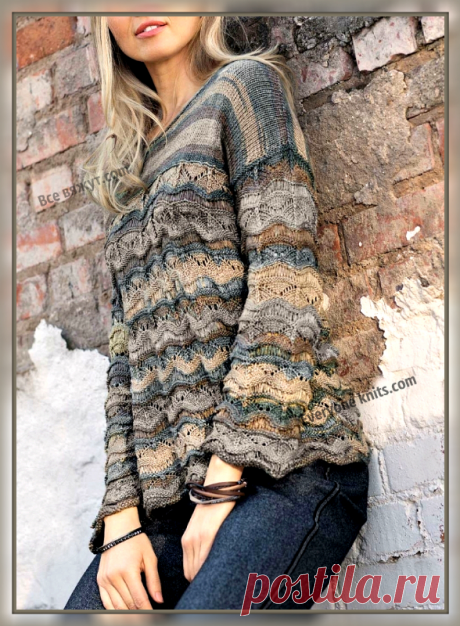 Пуловер фантазийным волнистым узором со спущенными петлями, с чередованием полос серыми и песочными оттенками. | Все вяжут.сом/Everyone knits.com |