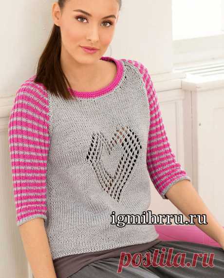 Пуловер-реглан с ажурным мотивом «Сердечко». Вязание спицами