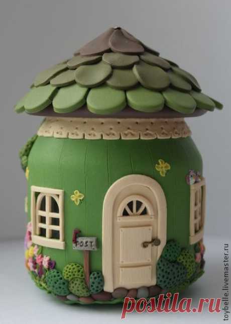 Баночка-шкатулка &quot;Лесной домик&quot; - зеленый,лето,домик,шкатулка,полимерная глина
