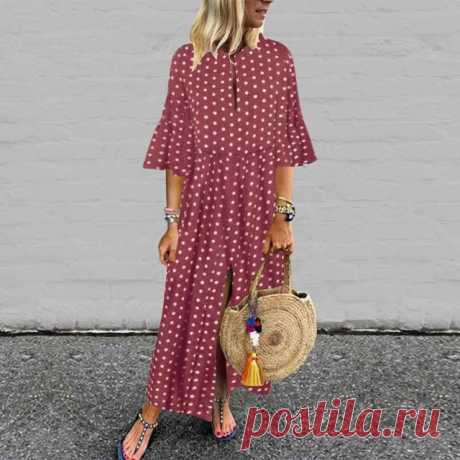 Осень 2021, Свободное длинное платье VONDA с расклешенными рукавами, богемное платье, винтажный сарафан в горошек, праздничный Повседневный свободный пляжный Халат|Платья| | АлиЭкспресс