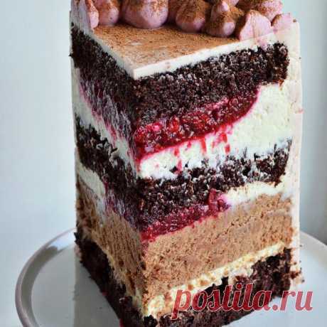Рецепт торта. Влажный, пористый, шоколадный бисквит, мусс с бельгийским шоколадом с добавлением нутеллы, малиново-брусничное конфи, сливочно-творожный крем. Photo by kseniya_akx.