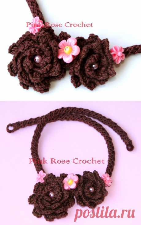 \ PINK ROSE CROCHET /: Colar Marrom com Cordão e Flores