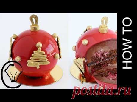 Chocolate and Raspberry Mirror Glaze Christmas Ornament Bauble Entremet
