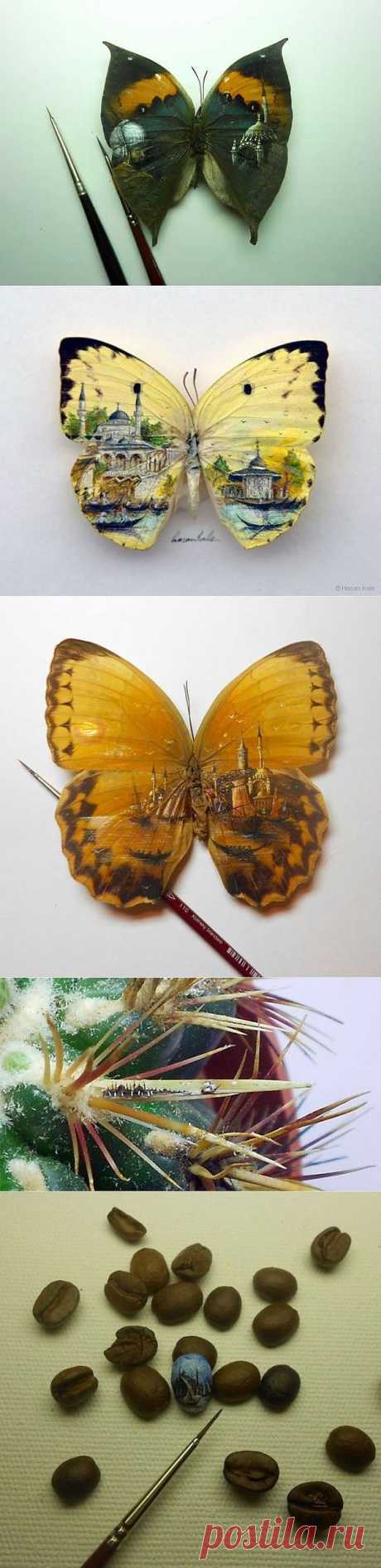 Миниатюрные картины Хасана Кале.
Турецкий художник Хасан Кале создает миниатюрные картины. Самое потрясающее в том, что полотнами для художественных произведений служат крылья бабочек, кофейные зерна и даже семена перца.