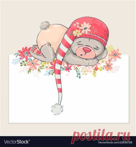 Cute sleeping bear vector image on VectorStock Cute sleeping bear with pink clothes and beautiful flowers. Place for text. Vector illustration. Illustration for children. Download a Free Preview or High Quality Adobe Illustrator Ai, EPS, PDF and High Resolution JPEG versions.