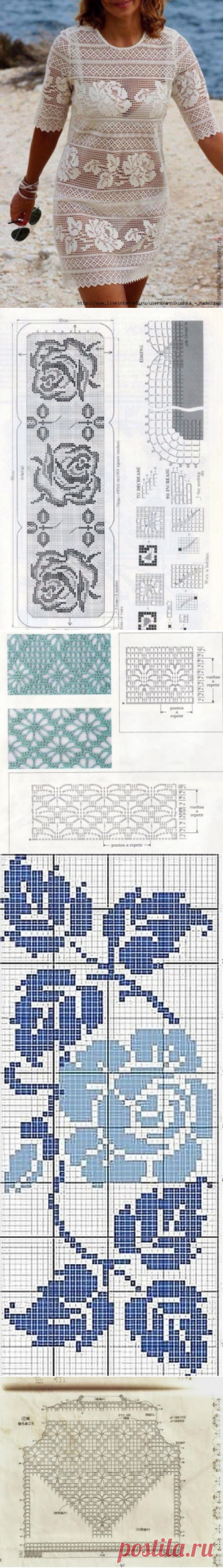 Платье в технике филейного кружева крючком со схемами. Кружевное пляжное платье вязаное крючком. |