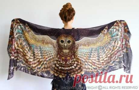 Night Owl art scarf, dark version, Hand painted printed Owl Wings, stunning…