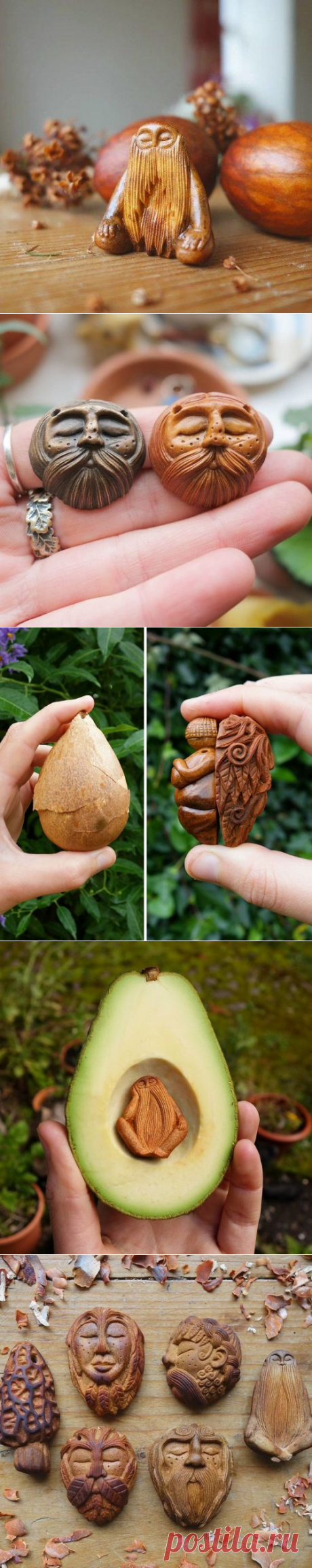 Миниатюрные скульптуры-тотемы из косточек авокадо
