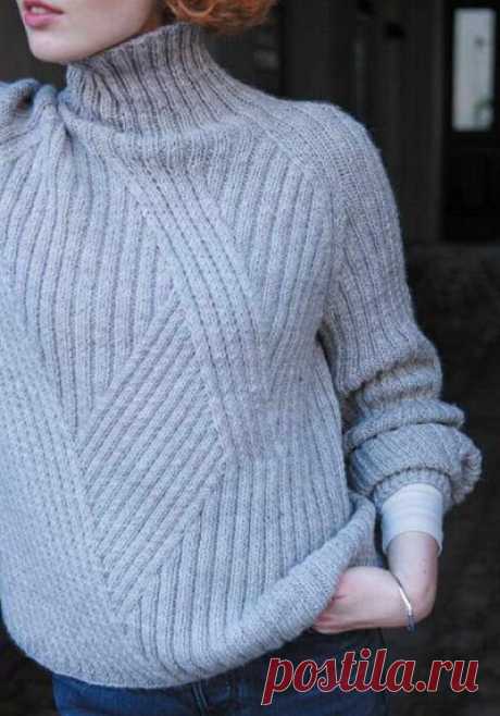 Женский свитер в резинку.
Размеры: 36-40 (42-44, 46, 48). Окружность груди готового изделия – 104 (112, 120, 128) см.