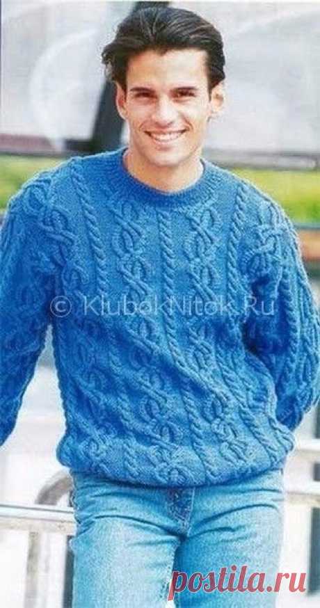 Синий свитер с косами | Вязание мужское | Вязание спицами и крючком. Схемы вязания.