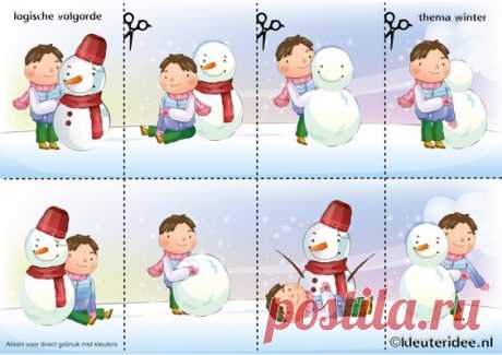 (690) Leg de plaatjes van de sneeuw in logische volgorde 2 , juf Petra van kleuteridee, thema winter voor kleuters, Snowman sequence free printable.