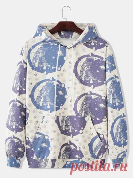 Mens Cute Astronaut Pattern Kangaroo Pocket Long Sleeve Casual Drawstring Hoodie - US$24.99