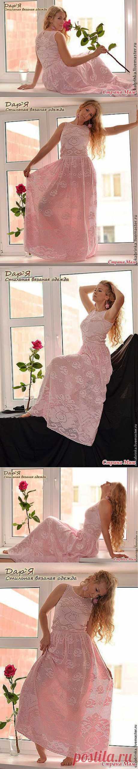Платье в пол в филейной технике &quot;Роза Нежная&quot;.