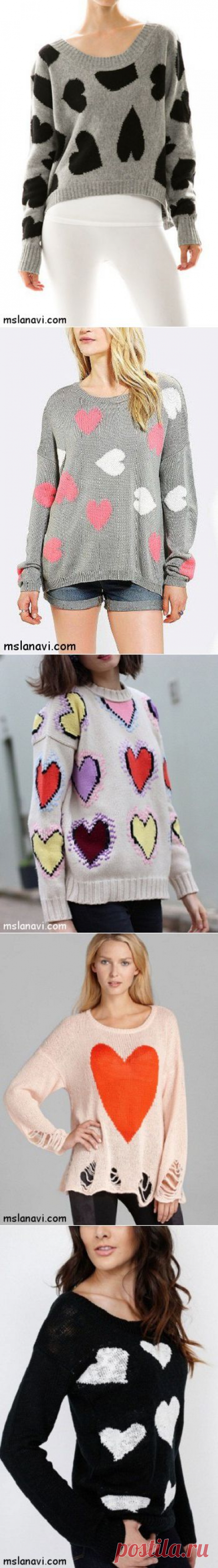 Вязаные пуловеры с узором сердечки .(Ко дню Св.Валентина!)