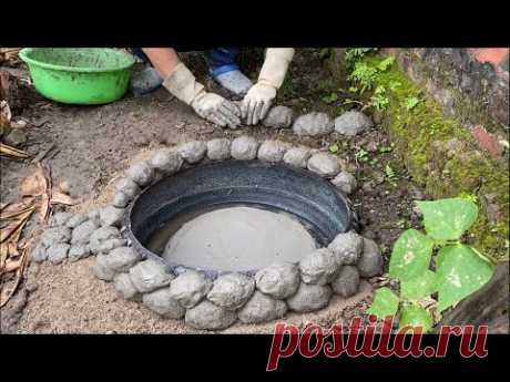 Garden Decoration Ideas from Cement and Old tires | Garden design with beautiful Small Aquarium