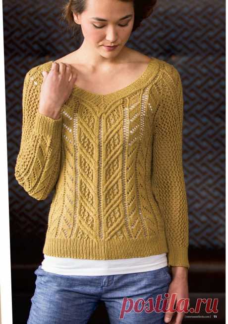 Джемпер Midsummer aran (Interweave Knits, лето 2013) связан спицами узором шевронов, разделённых ажурными дорожками. На спинке джемпера ажурными дорожками разделяются полосы глади, придав свободный силуэт спинке и не забирая всё внимание с передних узоров. Размер: 35 (39¼, 43½, 47¾, 52)&quot; по окружности груди (1 дюйм = 2,54 см). / vjazhi.ru