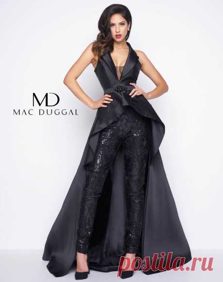 80628R - Mac Duggal Black Dress Sleeveless, tuxedo collar, high low skirt with detached, satin and lace applique, skinny pants with ankle zipper. Available in Black and Ivory/Nude.