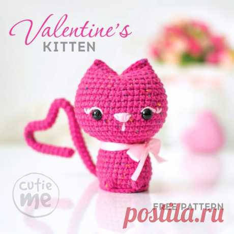 PDF Кошечка Святого Валентина крючком. FREE crochet pattern; Аmigurumi animal patterns. Амигуруми схемы и описания на русском. Вязаные игрушки и поделки своими руками #amimore - маленькая кошечка ко дню Всех Влюблённых, кошка на 14 февраля, котик, котёнок, кот, валентинка.