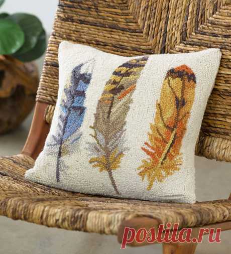Feather Hooked Wool Pillow | Pillows + Throws | Bedroom | Bed + Bath | VivaTerra Inspired by feathers found on a morning walk, this hand-hooked wool pillow combines the perfect pop of autumnal colors to mix in nicely with other neutral throw pillows. The designs are rendered in cozy 100% hooked-wool and finished with a cream linen back. Every pillow includes a natural down feather filled insert for a plush look and soft feel, and the covers zip open and closed fo...