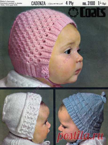 Babies / Toddlers  4ply Bonnets and Hats - 3 styles  - PDF of Vintage Knitting Patterns - Instant Download Babies / Toddlers 4 ply Bonnets and Hats - 3 styles - PDF of Vintage Knitting Patterns  YOU WILL RECEIVE A PDF file (4 pages) of the original enhanced vintage pattern. A PDF file (1 page) Handy Hints and Conversion details.  This pattern is an INSTANT DOWNLOAD pattern. You will receive an email immediately following your confirmed payment, which will include your down...