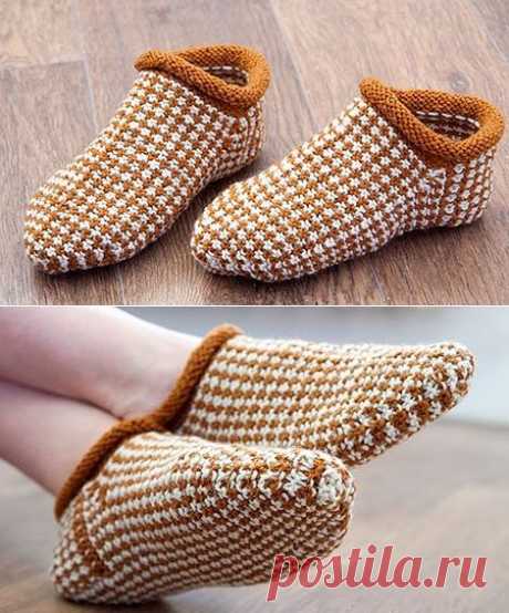 Носки-тапочки вязаные спицами ленивым жаккардом (slipper-socks knitting) | Мамины-ручки.рф