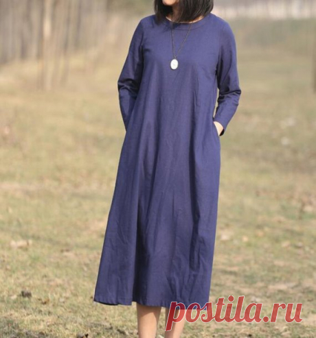 Women dress, Loose long dress, Casual dress, dark blue kaftan dress 【Fabric】 Cotton, linen 【Color】 dark blue 【Size】 Shoulder 39cm / 15.2    Bust 108cm / 42  Sleeve 50cm / 20  Cuff around 25cm / 10  Waist 112cm / 44  Length 120cm / 47    Have any questions please contact me and I will be happy to help you.