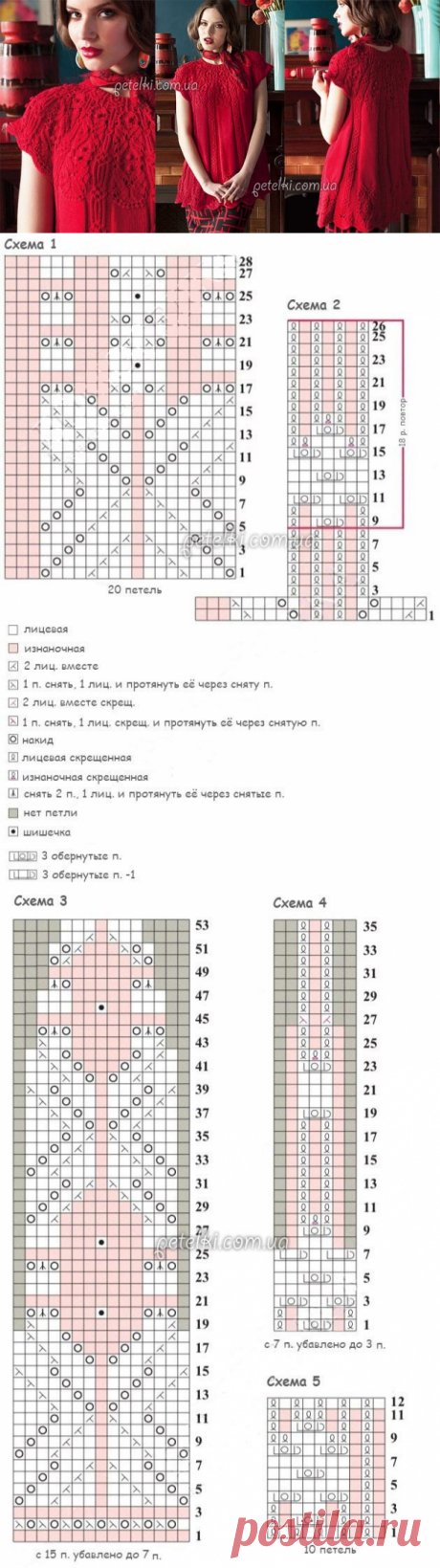 Красная вязаная туника от Hitomi Shida. Описание, схемы