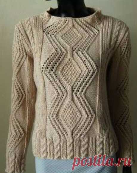 Aran Style Pullover Free Knitting Pattern. Materials: Crystal Palace Crème 9 balls for size shown, 60/40 wool/combed silk, shown here in #2007 "neutral" Needles: Crystal Palace Bamboo or Daisy Needles size 8 or size to obtain gauge. 16" (for neck) and 26 or 29" circulars used as back-and-forth for back and front (not knit circular) Small-Medium model shown uses 9 - 50 gr balls. Size Finished Chest Measurement=36” To slightly enlarge this sweater, it can be k...