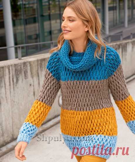 Удлиненный пуловер узором из снятых петель и шарф-петля спицами - SHPULYA.com