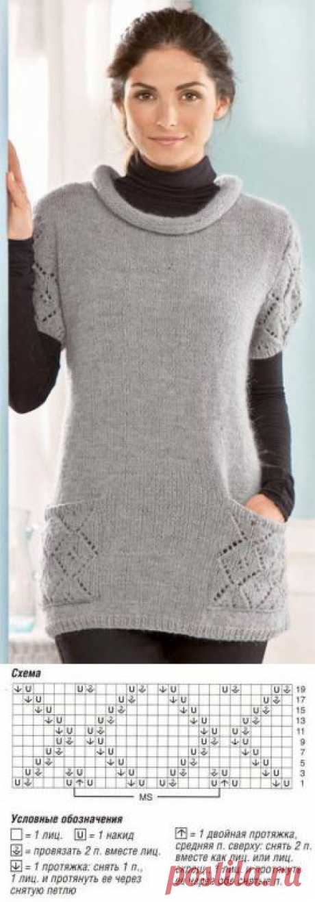 Вязание для женщин. Вязаный пуловер с ажурными карманами и рукавами. Модель 147