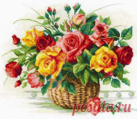 Набор для вышивки крестом Риолис: Корзина с розами – купить онлайн на Ярмарке Мастеров – QLVC2RU | Аксессуары для вышивки, Рошаль