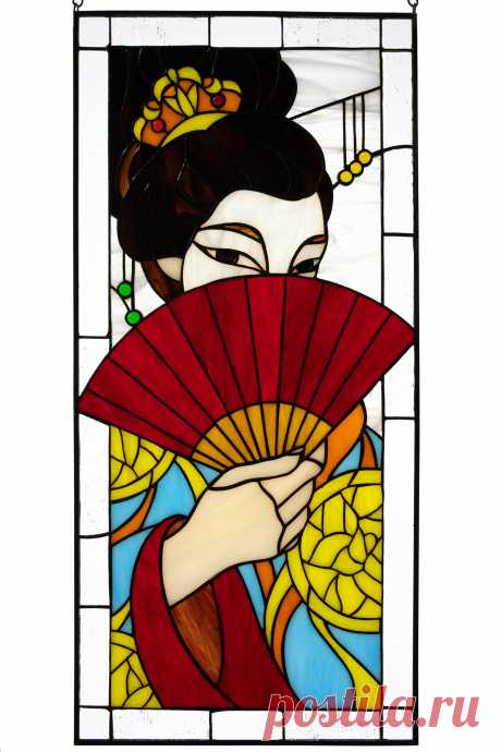 Stained glass panel Geisha image Japanese style Window hanging suncatc Window hanging panel made of stained glass pieces by my own disign.Handmade using Tiffany copper foil technique.Looks amazing in the lights of a sun.You will get it completely ready for installation. It comes with a suction cup hanging and copper chain.It will be a great gift for friends or relatives. Width: 9.5 inches