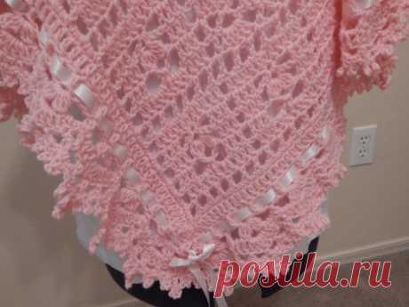 Crocheted Baby Blanket Ruffly pink baby blanket. Or so soft with ribbon accents. Approx. 42in x 38in.  Machine wash and dry - cool.  My name is Peggy and I devote all my free time to crocheting. It is more than a hobby - it is my passion. Come share my love of all things crocheted with me.