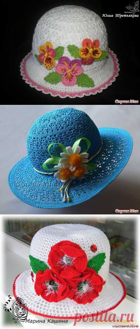 Летние шляпки связанные крючком с цветами - много схем,идей и мк.