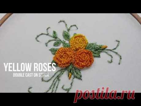 Yellow roses Floral embroidery Double cast on stitch