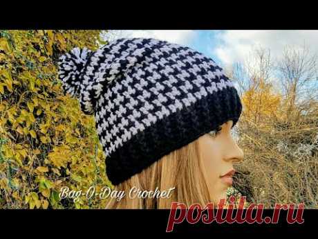 HOW TO CROCHET - SLOUCHY HAT | UNISEX HOUNDSTOOTH BEANIE | BAGODAY CROCHET Tutorial #438