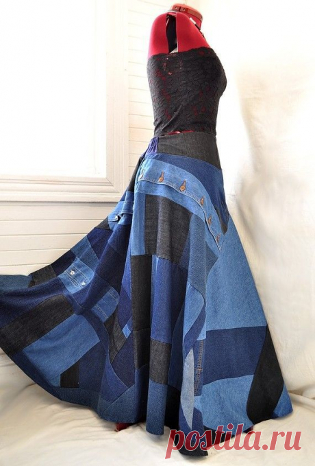 Careless Blues - Recycled Denim Patchwork Boho Skirt, Size - S, M, L, XL