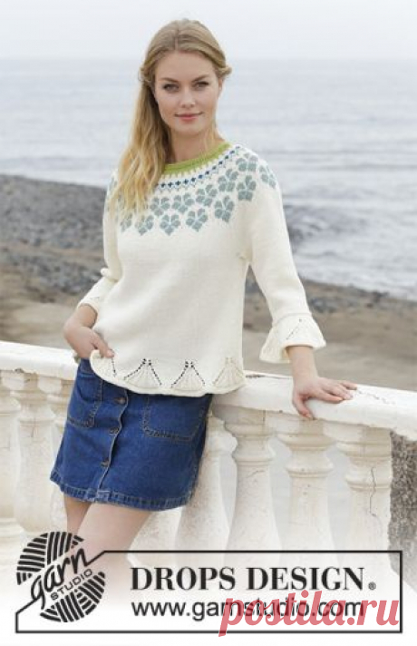 Myosotis / DROPS 191-9 - Free knitting patterns by DROPS Design Jumper with round yoke, multi-coloured Norwegian pattern and ¾-sleeves with flounce, knitted top down. Size: S - XXXL Piece is knitted in DROPS Cotton Merino.