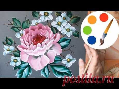 How to paint a peony by a flat brush, Tutorial
